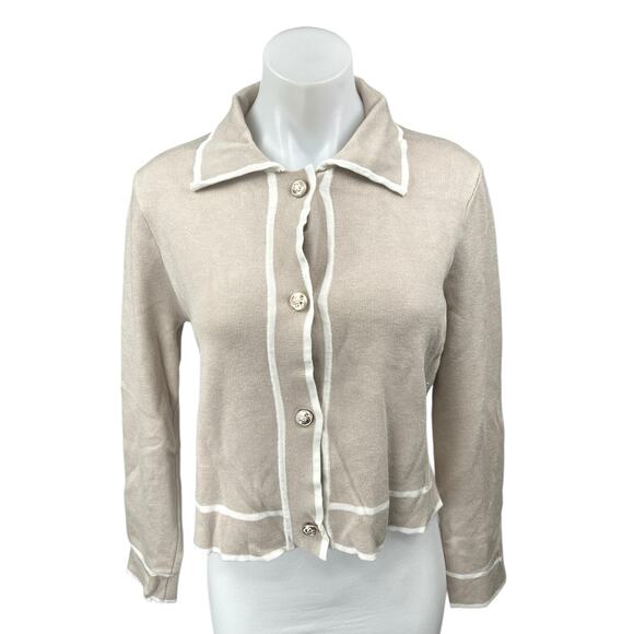Tahari Cewam White Knit Long Sleeve Button Down Collar Cardigan Sweater Top Sz S - Picture 1 of 6